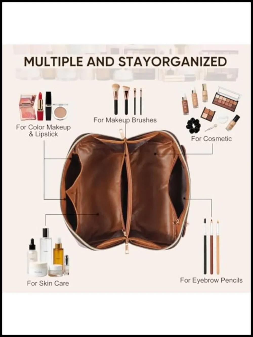 BAYANKALA Leather Travel Makeup Bag Waterproof Cosmetic Organizer with Handle